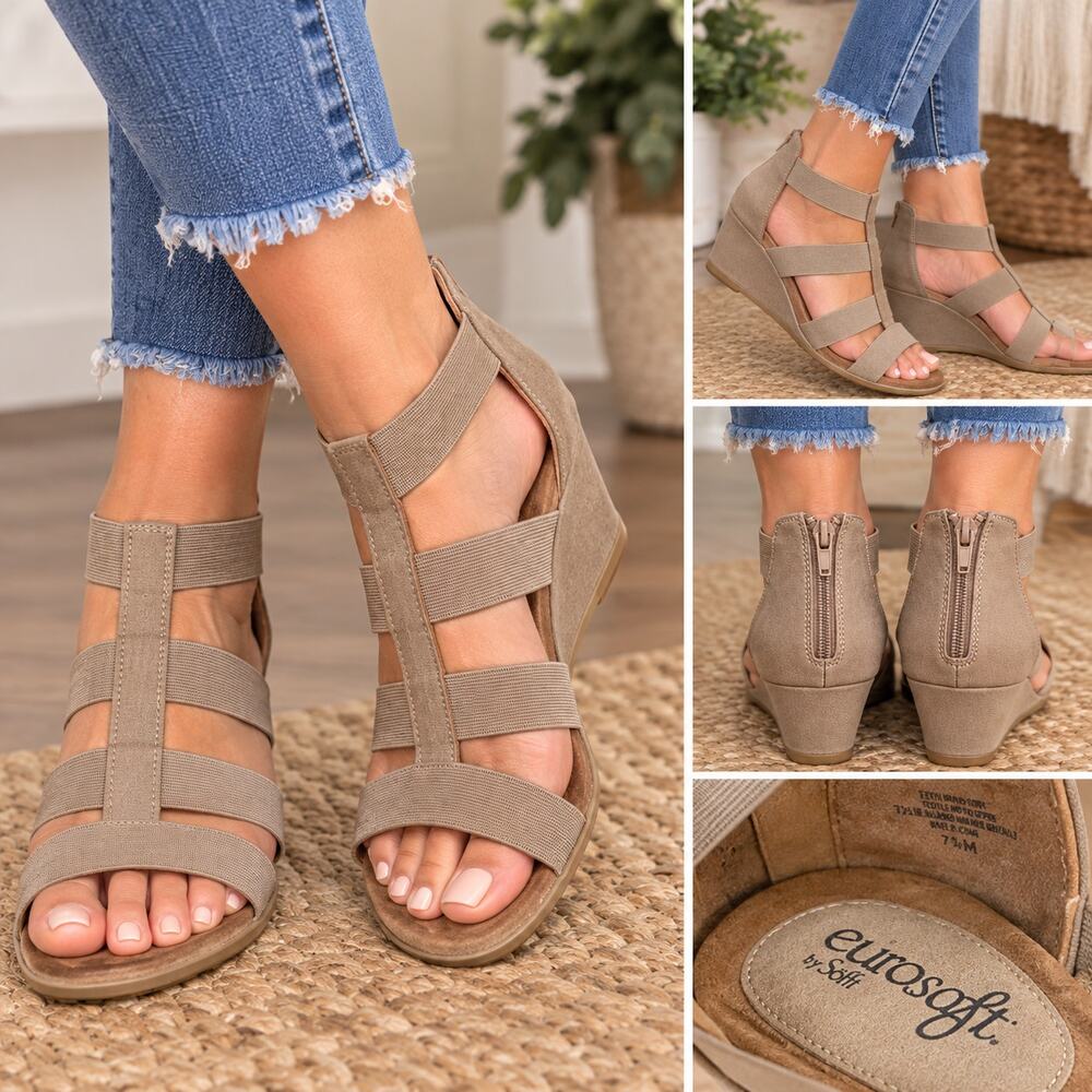 Eurosoft by Sofft Women’s Brown Strappy Wedge Sandals Size 7.5 M Back Zip